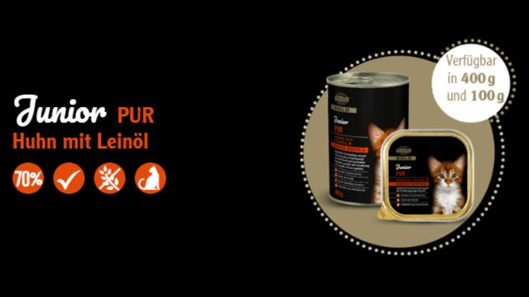 Katzenfutter „Junior PUR Huhn mit Leinöl“ in 400 g Dose und 100 g Schale mit Katzenfoto und Icons für 70 %, Getreidefrei, Huhn.