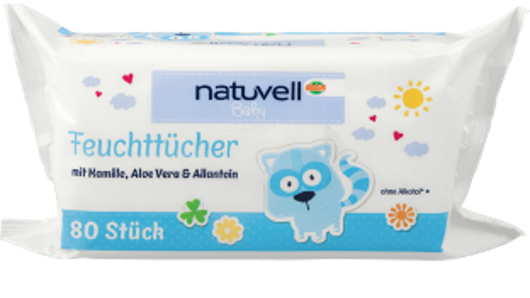 Verpackung mit der Aufschrift „naturell Baby Feuchttücher, mit Kamille, Aloe Vera & Allantoin, 80 Stück“, Dekoration in Blau und Weiß.
