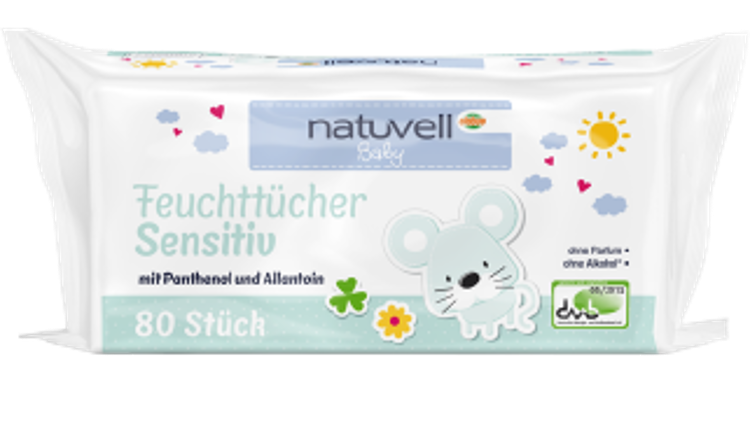 Packung „natvell Baby Feuchttücher Sensitiv“ mit Mausmotiv, Pflanzenillustrationen und 80 Stück Hinweis, sanfte Pflege.
