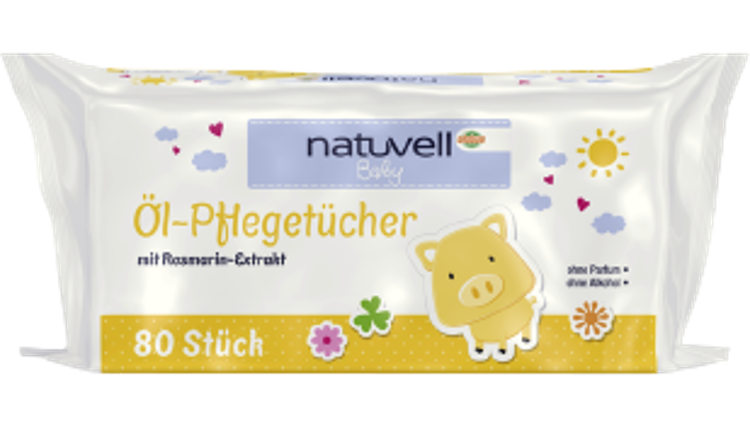 Weiße Verpackung mit gelbem Streifen, „natürlich Baby Öl-Pflegetücher“, 80 Stück, Schweinchen-Motiv, Blumen und Sonne.
