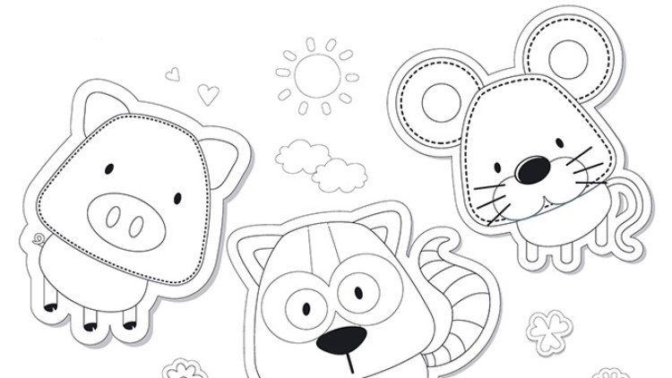 Schwarz-weiße Ausmalvorlage mit Schwein, Waschbär und Maus, umgeben von Sonne, Wolken, Blumen und Herzen.