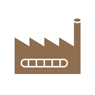 Braune, stilisierte Fabrik mit fünf Zacken, einem Schornstein und einer rechteckigen, in Abschnitte unterteilten Öffnung.