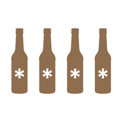 Vier braune Flaschen mit jeweils einem schwarzen Sternsymbol in der Mitte stehen nebeneinander auf weißem Hintergrund.