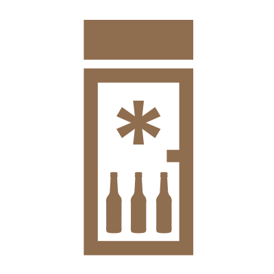 Braunes Symbol eines Kühlschranks mit Sternsymbol oben und drei Flaschen unten davor auf weißem Hintergrund.