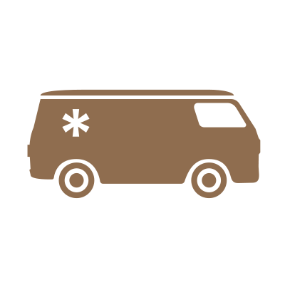 Ein brauner Lieferwagen mit einem schwarzen Sternsymbol auf der Seite und abgedunkeltem Fenster auf weißem Hintergrund.