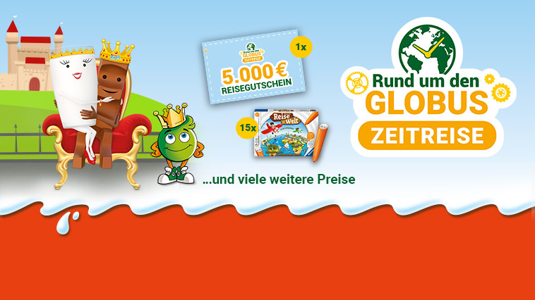 Globini posiert vor einer Kutsche, daneben tanzen ein brauner Stab mit rotem Zylinder und ein weißer Becher mit Fächer, Text: Rund um den GLOBUS ZEITREISE.