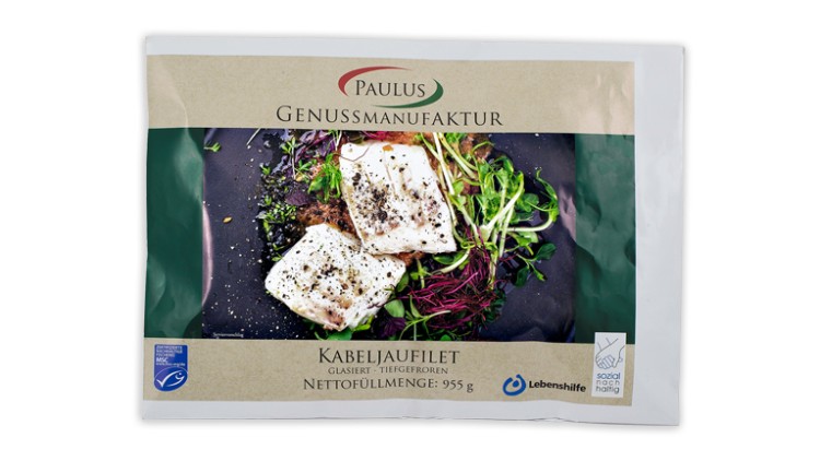 Verpackung von Paulus Genussmanufaktur mit Kabeljaufilet, Nettofüllmenge 955 g, MSC-Logo und Lebenshilfe-Logo sichtbar.