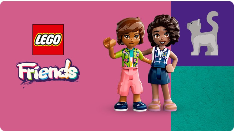 Zwei LEGO Friends Figuren vor pink-grünem Hintergrund mit Katze-Illustration und LEGO Friends Logo links.