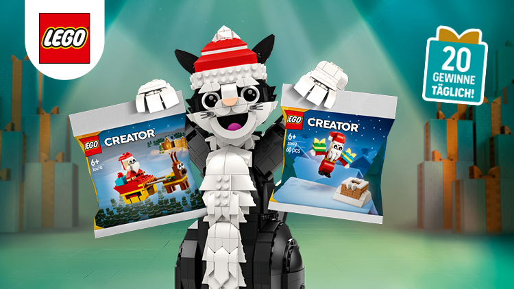 Schwarz-weiße LEGO-Katze mit roter Mütze hält zwei LEGO Creator-Sets, daneben ein Schild mit „20 Gewinne täglich!“