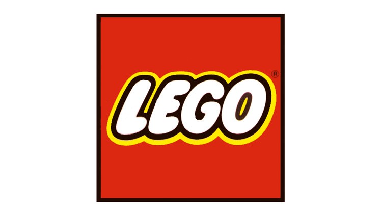 Rotes Quadrat mit weißem, gefülltem Schriftzug „LEGO“, umrandet von gelber und schwarzer Kontur.