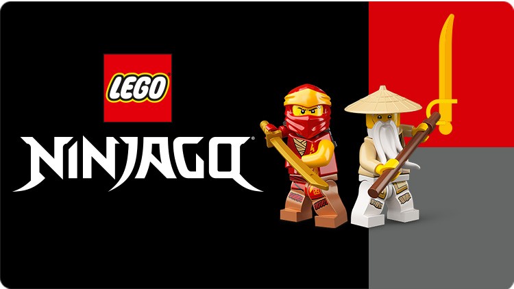 Zwei LEGO NINJAGO Figuren mit Schwertern, links ein roter Ninja, rechts ein älterer Mann mit Bart und Strohhut, vor dunklem Hintergrund.