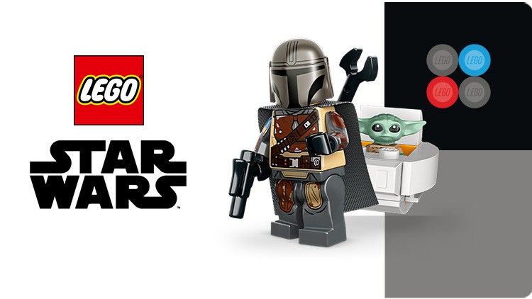 LEGO-Logo, STAR WARS-Schriftzug, Mandalorianer-Minifigur mit Helm, Baby Yoda in weißer Schale und LEGO-Farbauswahl.