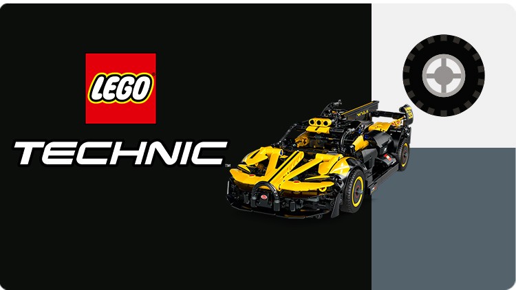 Schwarzes und gelbes LEGO Technic Auto, rechts ein stilisiertes Reifen-Symbol, links das LEGO Logo und der Schriftzug TECHNIC.