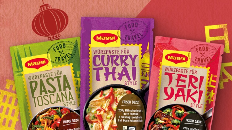 Drei Maggi-Würzpaste-Packungen für Pasta Toscana, Curry Thai und Teriyaki Style vor rotem Hintergrund mit asiatischen Grafiken.