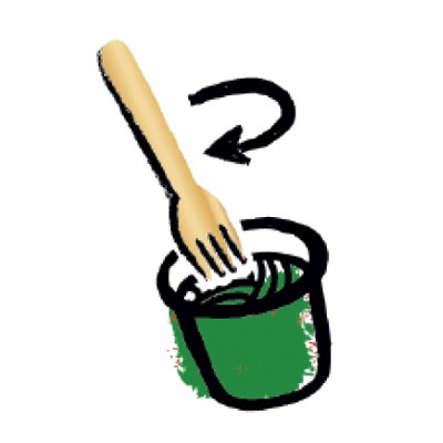 Eine gezeichnete Gabel rührt im Kreis in einem grünen Becher, eine schwarze Pfeillinie zeigt eine Drehbewegung an.