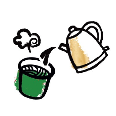 Eine grafische Illustration zeigt eine Teekanne, die heißen Tee in eine dampfende grüne Tasse gießt.