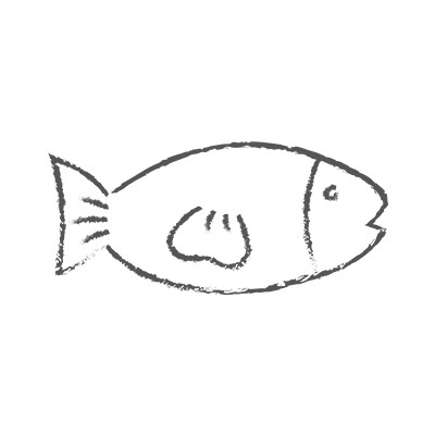 Schwarz-weiße Zeichnung eines Fischs mit Flossen, einem geöffneten Mund und einer Linie als Auge.