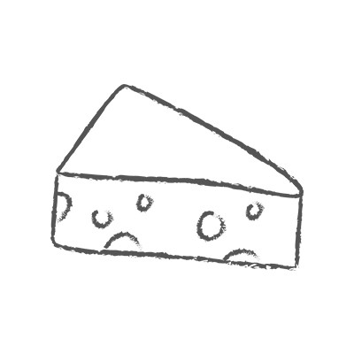 Ein gezeichneter Käse in Dreiecksform mit Löchern und schwarzer Umrandung auf weißem Hintergrund.