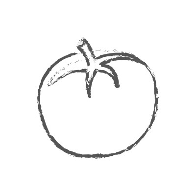 Schwarz-weiße, skizzierte Darstellung einer Tomate mit Stiel auf hellem Hintergrund.