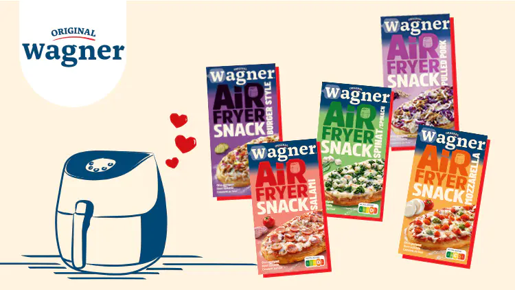 Zeichnung einer Heißluftfritteuse links, rechts fünf Wagner Air Fryer Snack Verpackungen in verschiedenen Sorten, oben Logo.