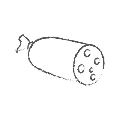 Eine schematisch gezeichnete Wurst mit aufgeschnittener Seite, auf der runde Scheiben mit Punkten angedeutet sind.