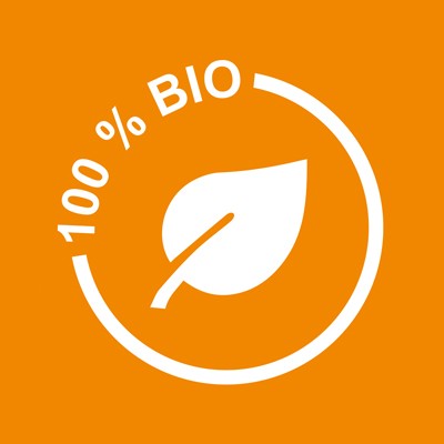 Weißes Blatt-Icon mit Aufschrift „100 % BIO“ auf orangefarbenem Hintergrund, umgeben von einem weißen Kreis.