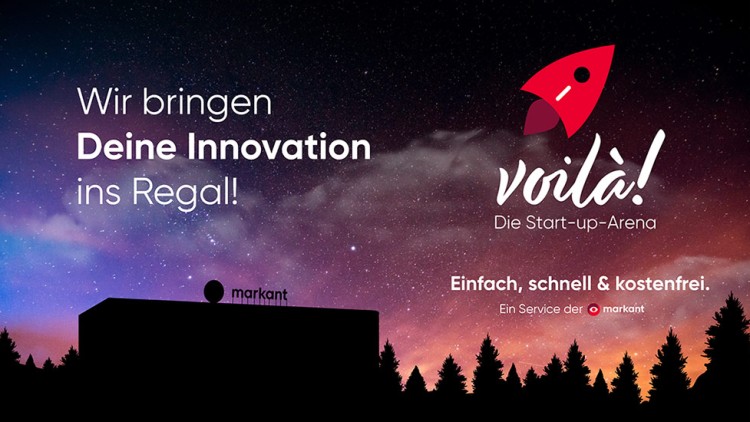 Nachthimmel mit Sternen, Silhouetten von Bäumen und Gebäuden, Texte: „Wir bringen Deine Innovation ins Regal!“, „voilà! Die Start-up-Arena“, „Einfach, schnell & kostenfrei. Ein Service der markant“.
