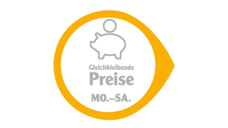 Ein gelber Kreis mit einem stilisierten Sparschwein, darunter der Text „Gleichbleibende Preise MO.–SA.“ in grauer Schrift.