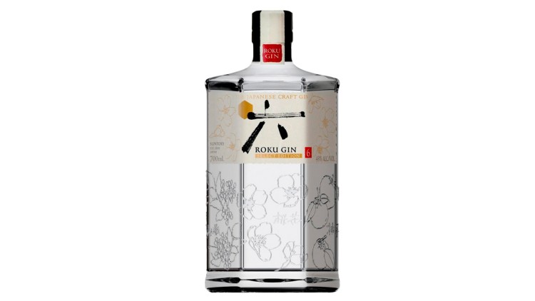 Klarglasflasche mit weißem Etikett, Aufschrift „Roku Gin Select Edition“ und floralen Gravuren, Inhalt 700 ml, 43 % Alkohol.