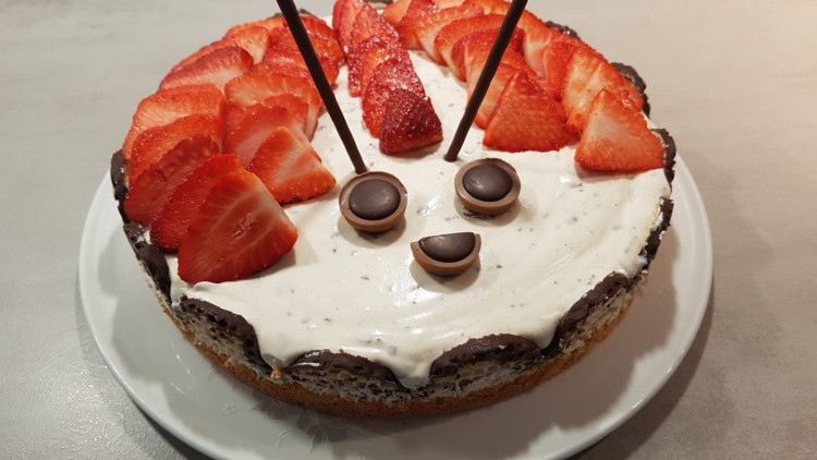 Eine runde Torte mit weißem Belag, Erdbeerscheiben, Schokodekor und zwei Schokostäbchen auf einem weißen Teller.