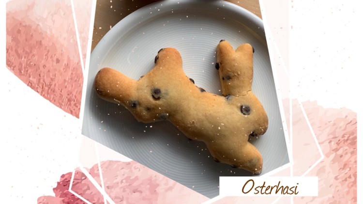Ein gebackener Hase mit Schokostückchen liegt auf einem weißen Teller, im Hintergrund zwei braune Eier, Text: Osterhasi.