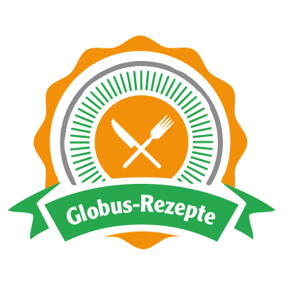 Logo mit orange-grünem Rand, Messer und Gabel in der Mitte, darunter steht „Globus-Rezepte“ auf grünem Banner.
