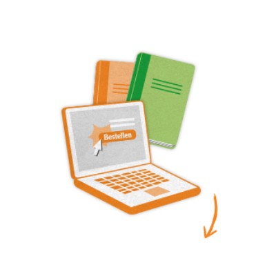 Ein orange-weißes Laptop zeigt den Button „Bestellen“, dahinter stehen ein grünes und ein orangefarbenes Buch, unten ein Pfeil.