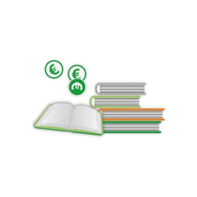 Ein Stapel geschlossener Bücher, ein geöffnetes Buch und drei grüne Symbole mit Euro-Zeichen und Geldbeutel sind abgebildet.