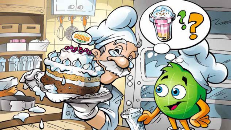 Ein Bäcker mit GLOBUS-Logo hält eine Sahnetorte, während Globini mit einer Denkblase auf einen Becher mit Sahne zeigt.