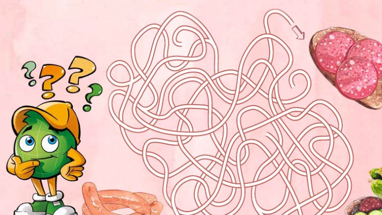 Das grüne Maskottchen Globini steht vor einem Labyrinth, das zu einem Brot mit drei Salamischeiben führt, Pfeil zeigt den Weg.