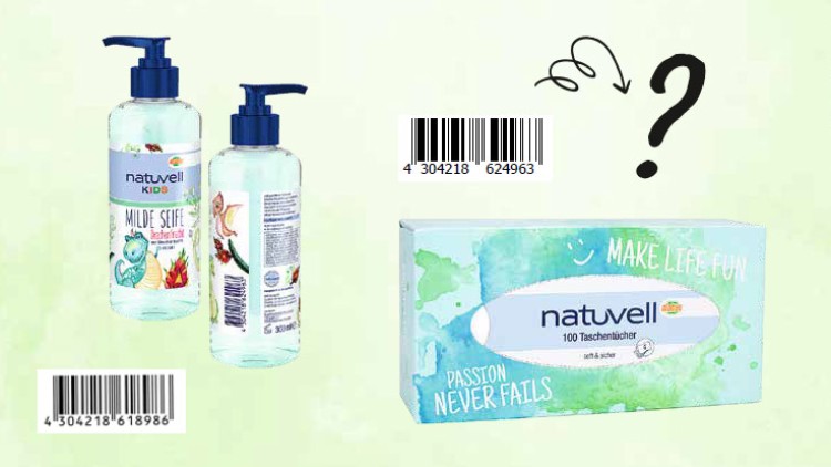 Zwei Seifenspender, eine Taschentücherbox und zwei Pflasterpackungen der Marke „natuvell“, jeweils mit Barcode, auf hellem Hintergrund.