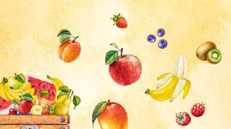 Verschiedene bunte Früchte wie Apfel, Banane, Kiwi, Ananas, Beeren und Melone schweben vor gelbem Hintergrund, daneben eine Holzkiste.
