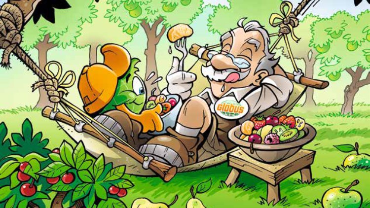 Professor Globus sitzt mit Globini in einer Hängematte, isst Obst und lacht, daneben ein Tisch mit einer Schale voller Früchte.