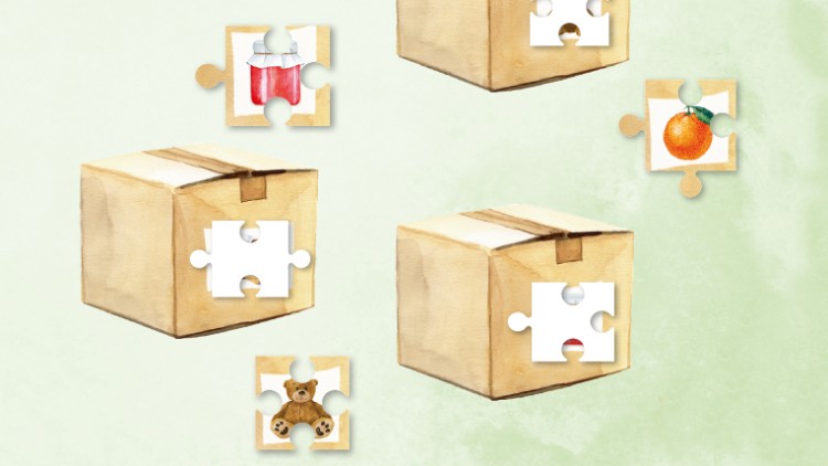 Vier braune Pappkartons mit fehlenden Puzzleteilen, daneben Puzzleteile mit Bildern von Teddy, Orange, Lutscher und Getränk.
