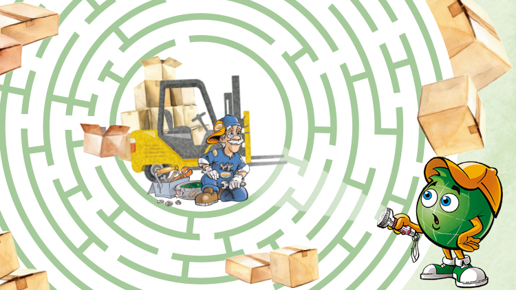 Ein Illustrationslabyrinth zeigt „Professor Globus“ mit Werkzeug neben einem Gabelstapler, außen steht „Globini“ mit Bauhelm.