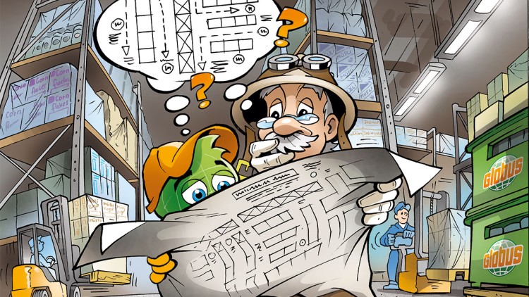 Globini und Professor Globus betrachten einen großen Bauplan in einem Lager mit Regalen, Kartons und grünen Boxen mit GLOBUS-Logo.