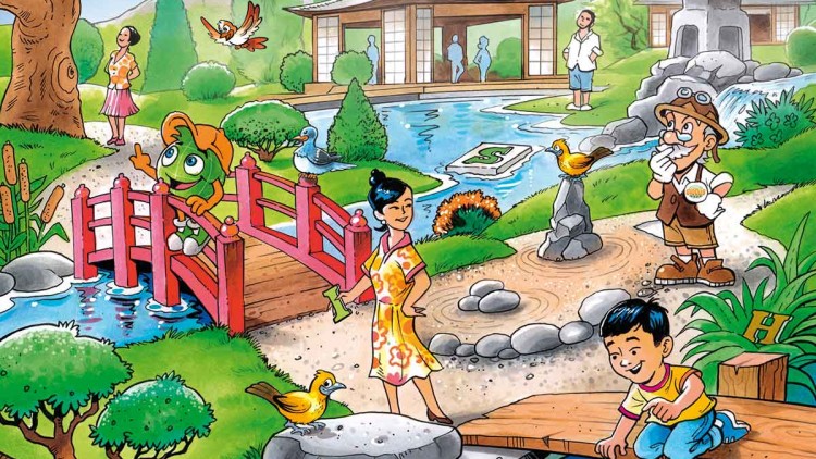 Ein Garten mit Kirschblütenbaum, roter Brücke, Teich mit Fischen, Globini, Pagode, Steinlaterne und mehreren Menschen.