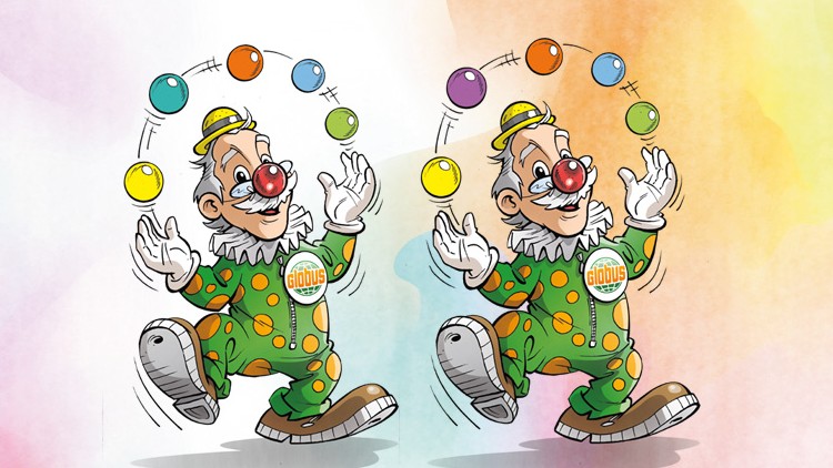 Ein lachender Clown in grünem Anzug mit bunten Punkten jongliert sechs bunte Bälle, auf der Brust das GLOBUS-Logo.
