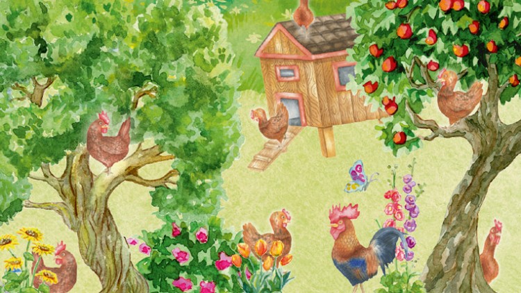 Hühner und ein Hahn im Garten mit bunten Blumen, Bäumen und einem Hühnerhaus, Äpfel hängen an einem Baum, Schmetterlinge fliegen.