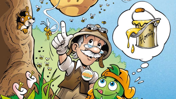 Professor Globus und Globini stehen vor einem Baum mit Bienenstock, viele Bienen fliegen umher, Traumblase zeigt Honigeimer.
