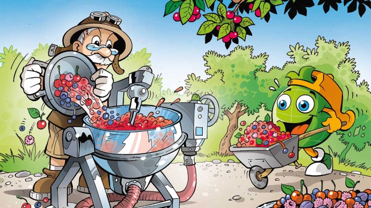 Professor Globus füllt bunte Beeren in eine Maschine, während Globini mit einer Schubkarre voller Früchte daneben steht.