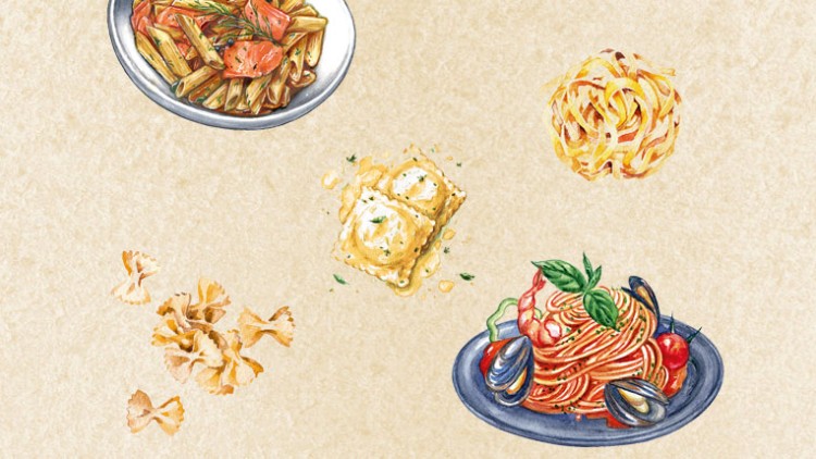 Verschiedene Arten von Pasta und Gerichten, darunter Farfalle, Ravioli, Spaghetti mit Muscheln, Tagliatelle und Penne mit Tomaten.
