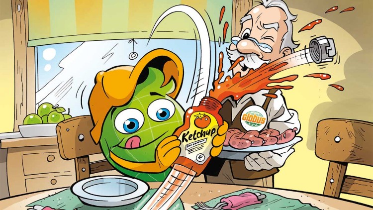 Globini drückt eine Ketchupflasche, die spritzt, auf das Hemd von Professor Globus, der einen Teller Würstchen hält.