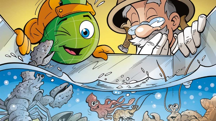Globini und Professor Globus schauen lachend in ein Aquarium mit Hummern, Garnelen, Muscheln und einem kleinen Tintenfisch.